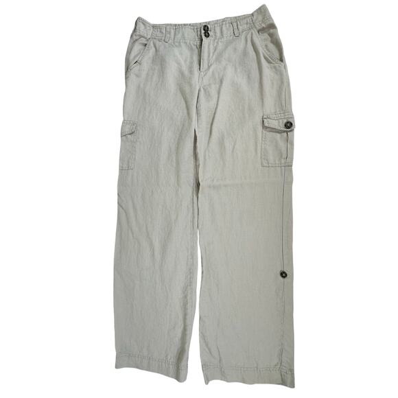 Cynthia Rowley Pants Size 6 (31x31.5) Beige Wide Leg Cargo 100% Linen Roll Tab - Picture 7 of 11